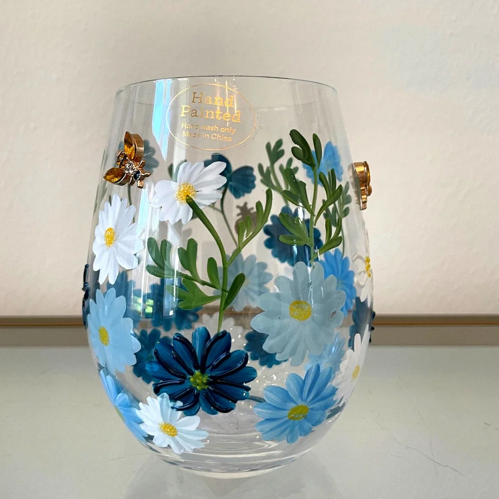 Hand Painted & Jeweled Stemless Wine Glass Blue Daisy Floral Bumblebee NEW